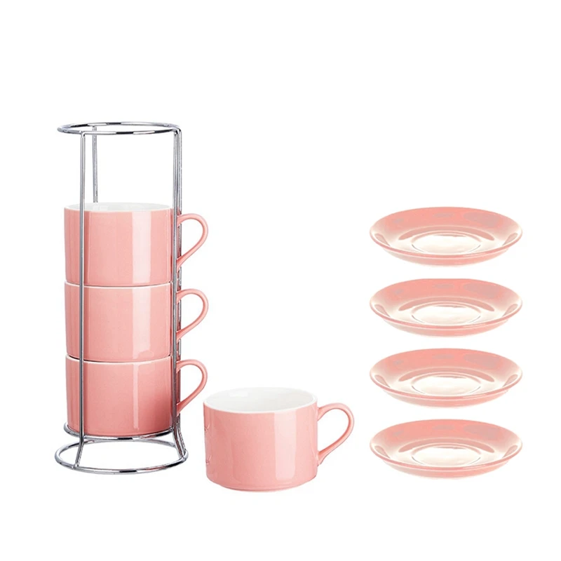 Porcelain Stackable Cappuccino Cups With Saucers And Metal Stand, Espresso Cups For Latte Coffee Cafe,Specialty Coffee