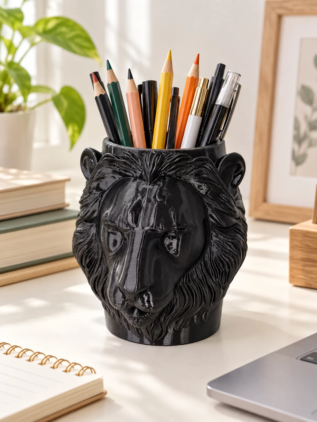 Dark-Style Lion Head Desktop Decoration Piece, 3D Printed in Black Petg Material, with Delicate Relief Carving Craftsmanship, Also Functions as a Pen Holder, Can Store Stationery, Makeup Brushes, and Small Items, Suitable for Dressing Tables, Desks, and Office Tables, Enhances the Aesthetics of Home Spaces, Creative Art Design, a Great Desktop Storage and Decoration Item for Modern Home Decor