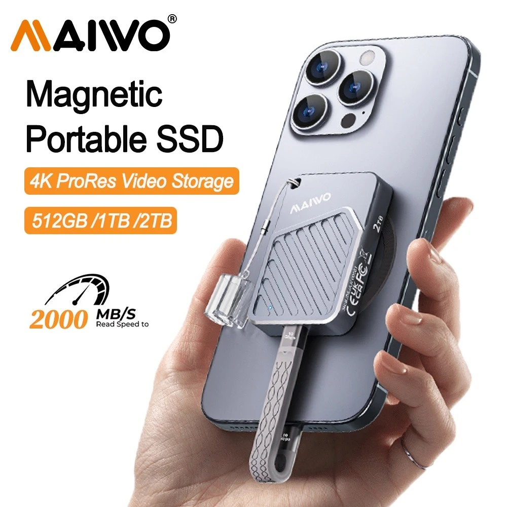 

Maiwo 2000MB/s SSD External SSD 512G 12T Magnetic Portable PSSD for iPhone 16 15 Pro/Max ProRes 4K ProRes HDR Record and Portabl