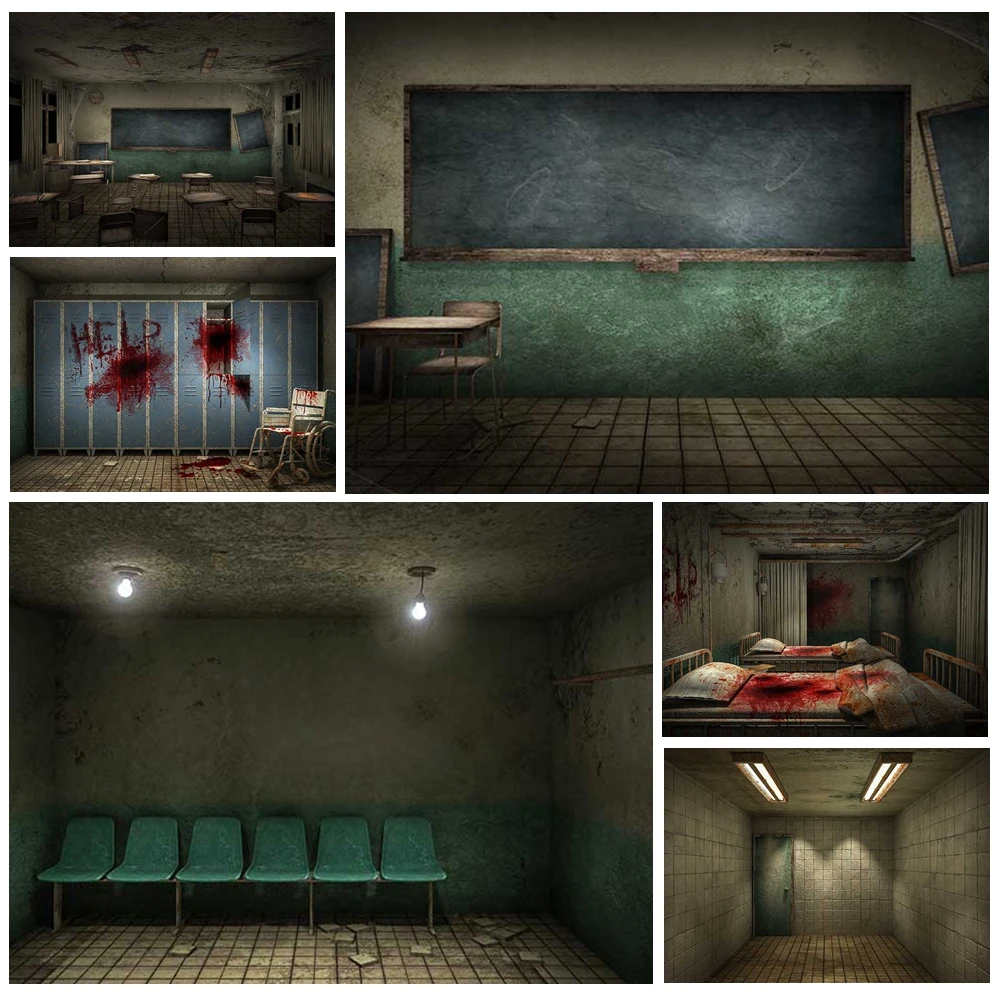 

MOON.QG Halloween Abandoned Classrooms Wards Backgrounds Photographs Bloodstains Blackboards Backdrops Party Photocall Studio