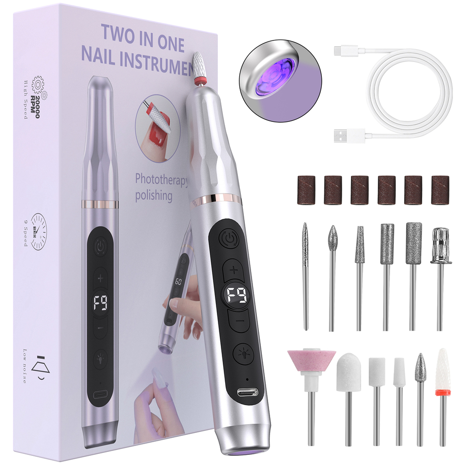  Cordless Nail Instrument with UV Lamp Nail Drill 9 Speed Aluminum Body Manicure Machine Nail Polish Remover Home Salon Use 