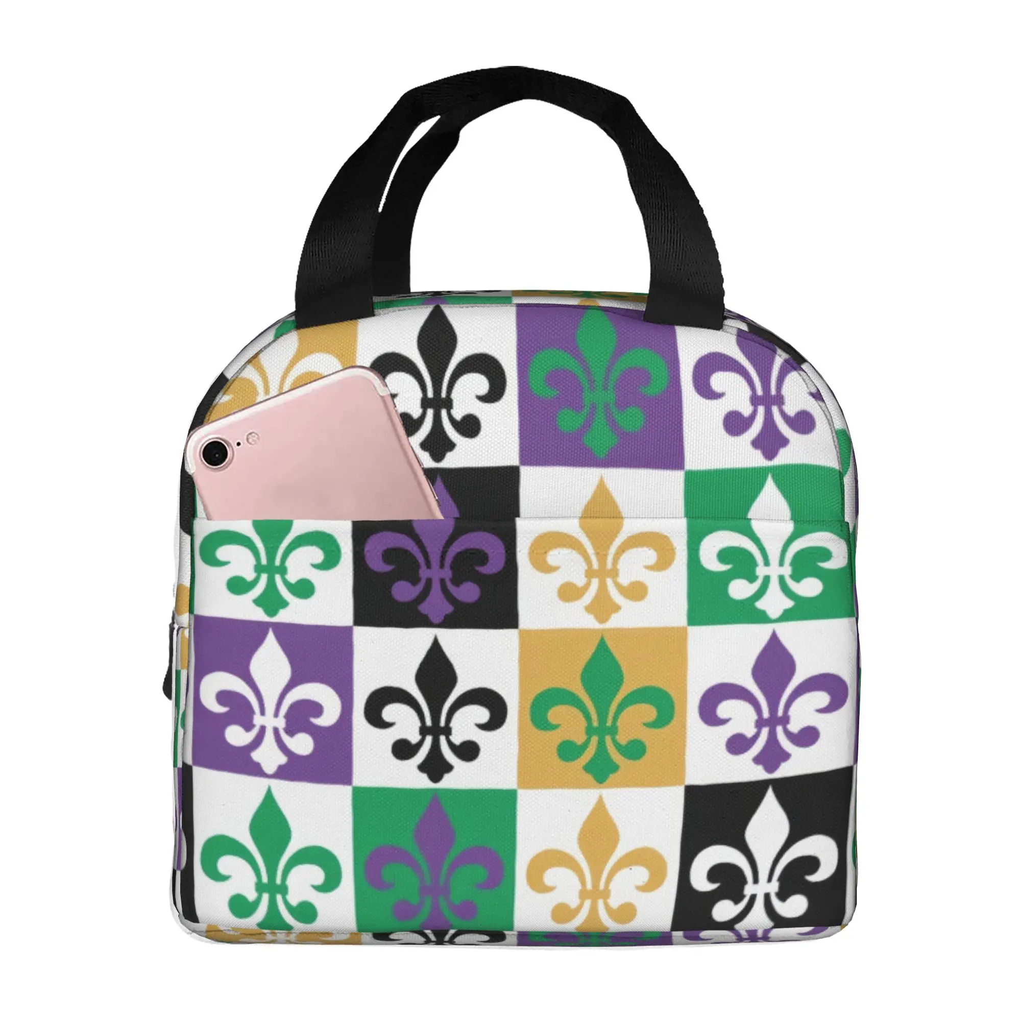 Fleur De Lis Purple Green Yellow Gold Insulated Lunch Bag for Camping Travel  Waterproof Cooler Thermal Lunch Box Women Men