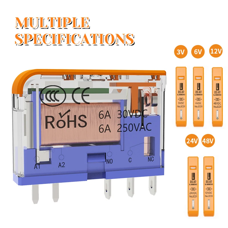 10Pcs/Box LANBOO LBJ6A 6mm Slim Electromagnetic Relay 1NO1NC 6A 250VAC LED Indicator Industrial Relay for Control Cabinet
