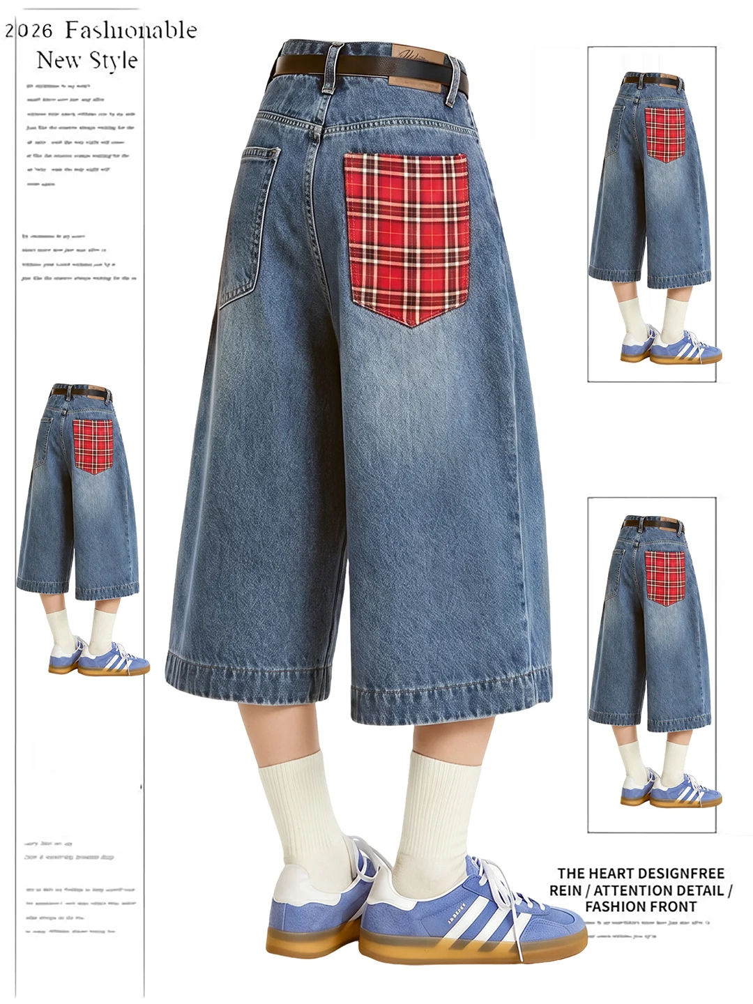 

American Plaid Splicing Blue Jeans Women's Summer Vintage Loose Five-Point Straight Short Pants High Waist Wide Leg Jeans
