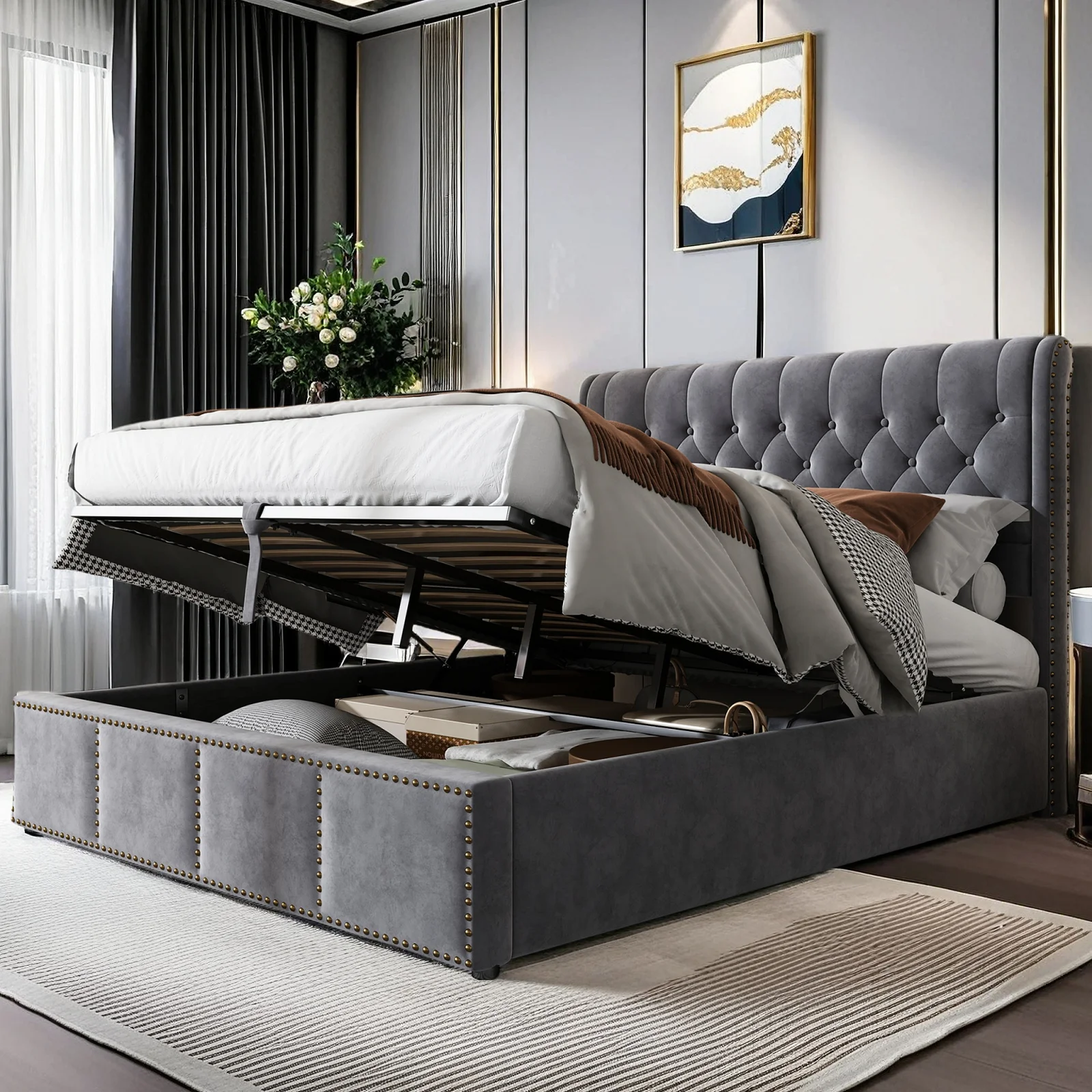 Velvet Upholstered Bed, Storage Bed, with Hydraulic Rod, Bed Boxes And Rivet Decoration, 180 x 200 cm, Grey