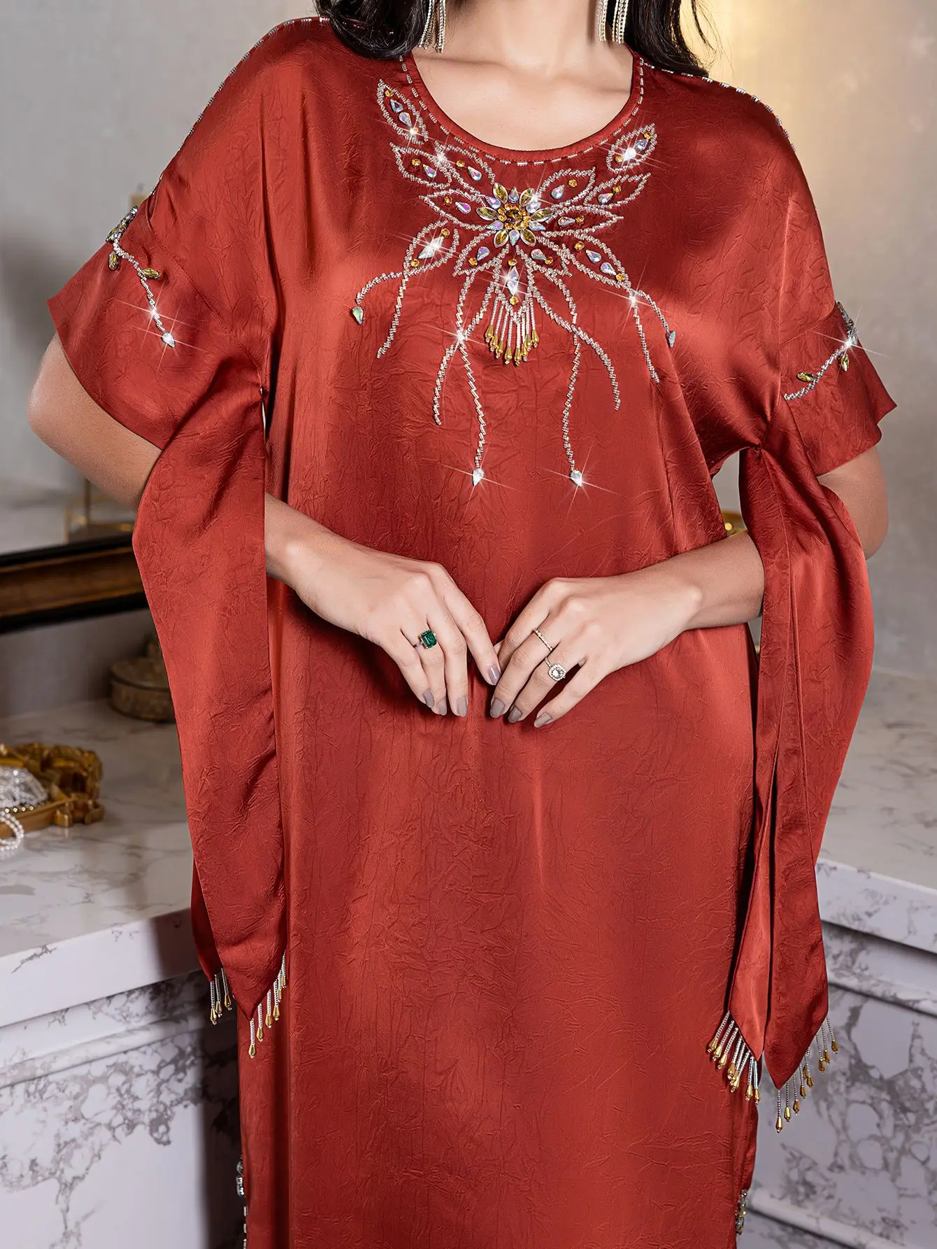 Ramadan Marokkaanse mode met strass versierde Abaya Dubai vlindermouwen maxi-jurk kaftan met splitzoom