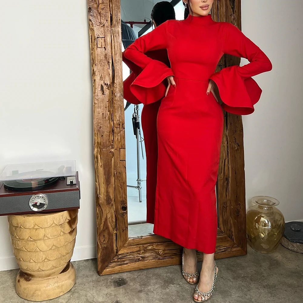 

Customized Straight Jersey Flare sleeves Evening Dress Ankle Length High Collar Long Sleeves Red Classic Vestidos de fiesta