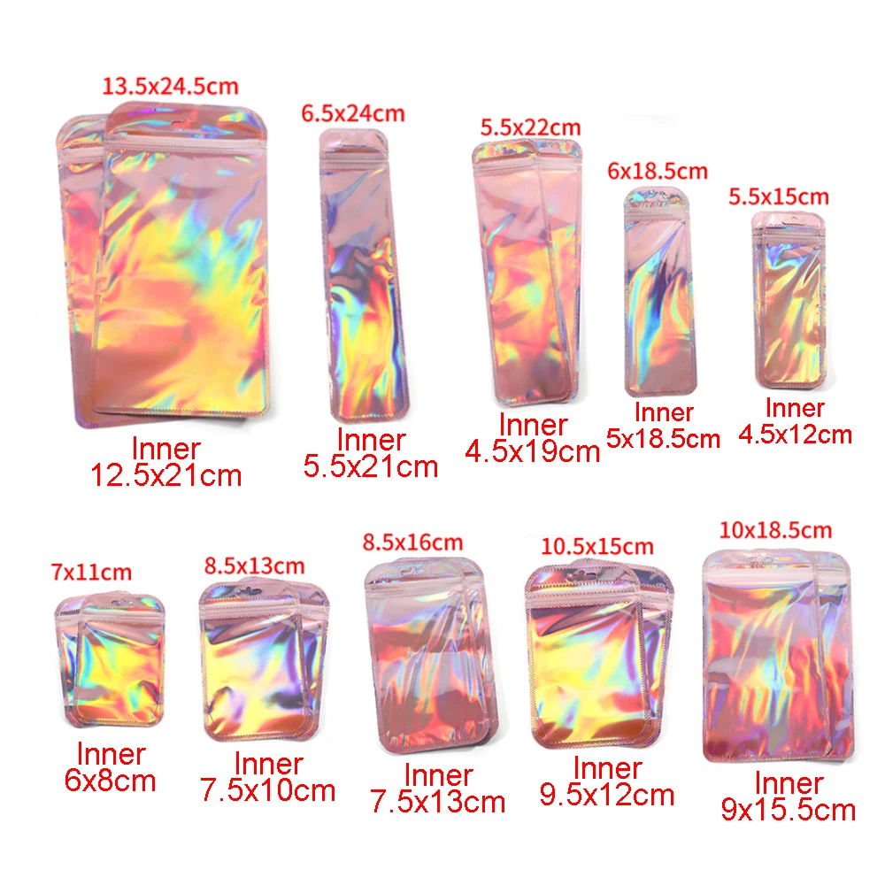 50pcs Iridescent Self Sealing OPP Bags Laser Iridescent Zip lock Resealable Package Pouch Retail DIY Jewelry Storage Accessories