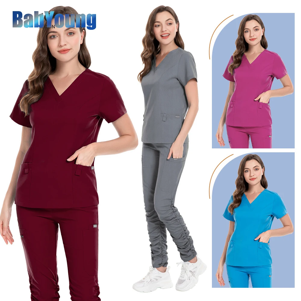 

Short Sleeved V-neck Tops+Pants Suit Pet Clinical Uniforms Elasticity Scrubs Set Nurse Uniform Men Women Nursing Working Uniform