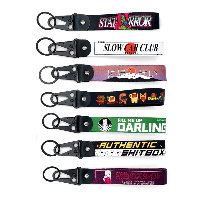 Newest JDM style car keychain nylon slogan key tag ring lanyard keyring auto key steel spring clip key strap Japanese anime girl