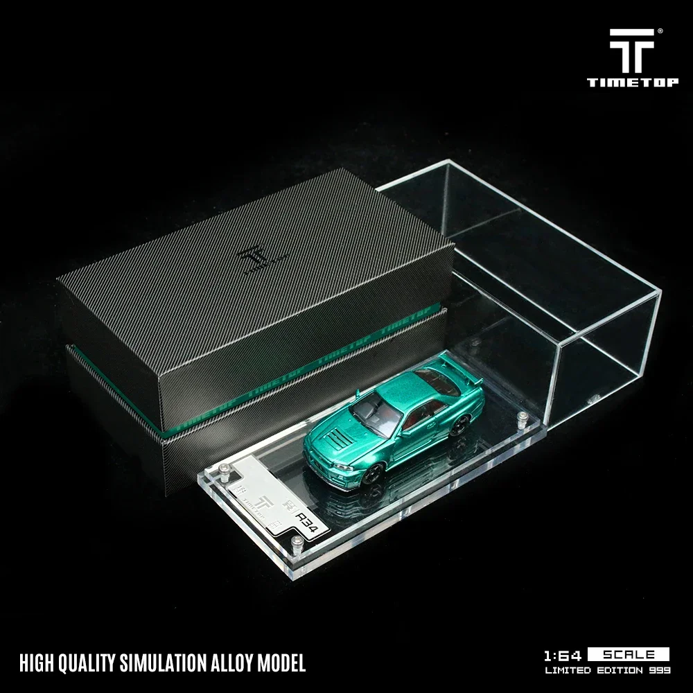 1:64 TM Skyline GTR R34 Green Carbon Hood Diecast Diorama Car Model Collection Toys Time