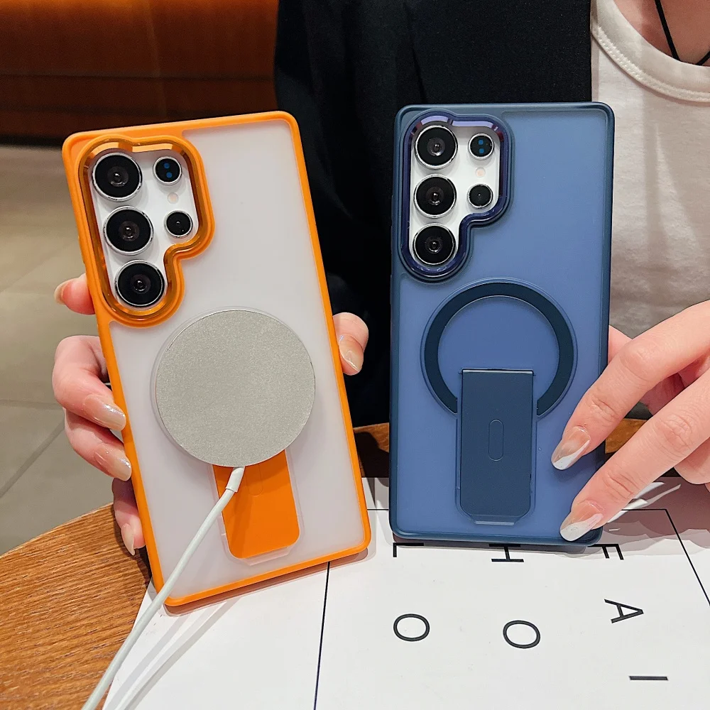 マグセーフ対応 折りたたみ式スタンド付き マグネット式スマホケース Samsung S25 Edge S24 S23 Ultra Plus FE用 マット半透明バックカバー 高級