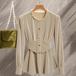 Women's Korean Fashion Vintage Luxury Ruffle Collar Blouse Office Lady Elegant Chic Commute Shirt Solid Long Sleeve Slim Tops