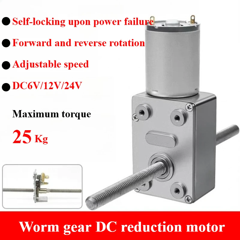 M6 Threaded Double Long Shaft Electric DC Worm Gear Motor 6V 12V 24V 6-150RPM High Torque DC Motor Self-Locking Adjustable Speed