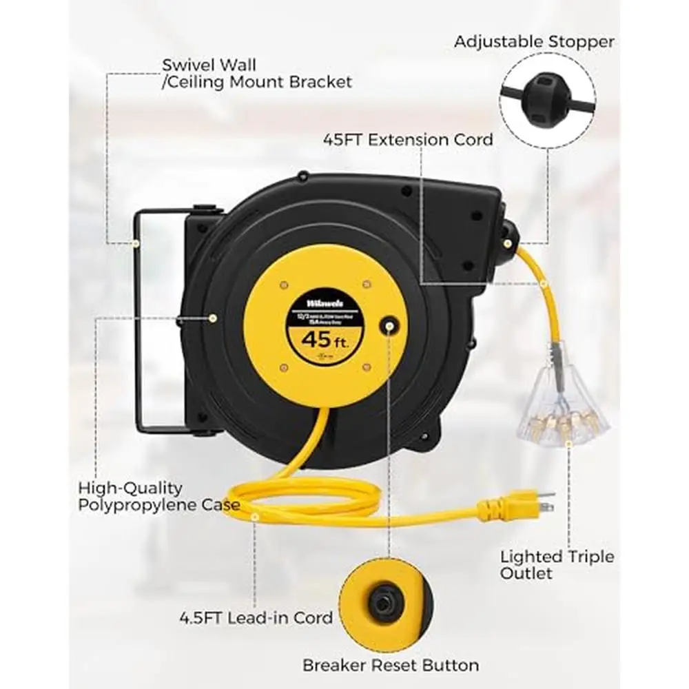 Heavy Duty Retractable Extension Cord Reel 45FT 12AWG SJTOW 3 Outlets Lighted Tap 15A Circuit Home Garage Studio Warehouse