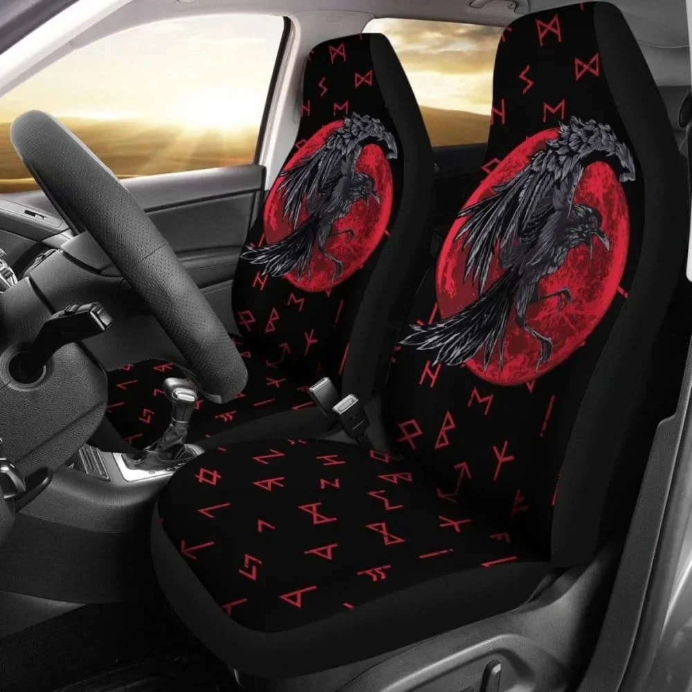 Viking Car Seat Covers , Odin Raven With Blood Moon Amazing,Pack of 2 Universal Front Seat Protective Cover