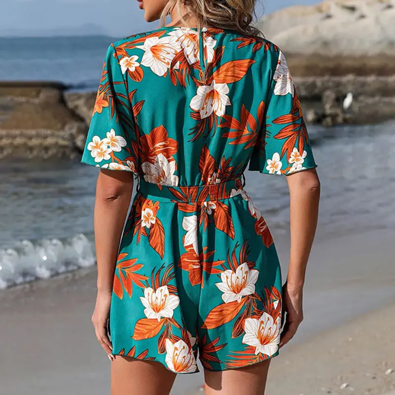 Mini mono Sexy con cuello en V para mujer, vestido bohemio informal con estampado Floral, vestido con volantes para fiesta en la playa, estilo playero