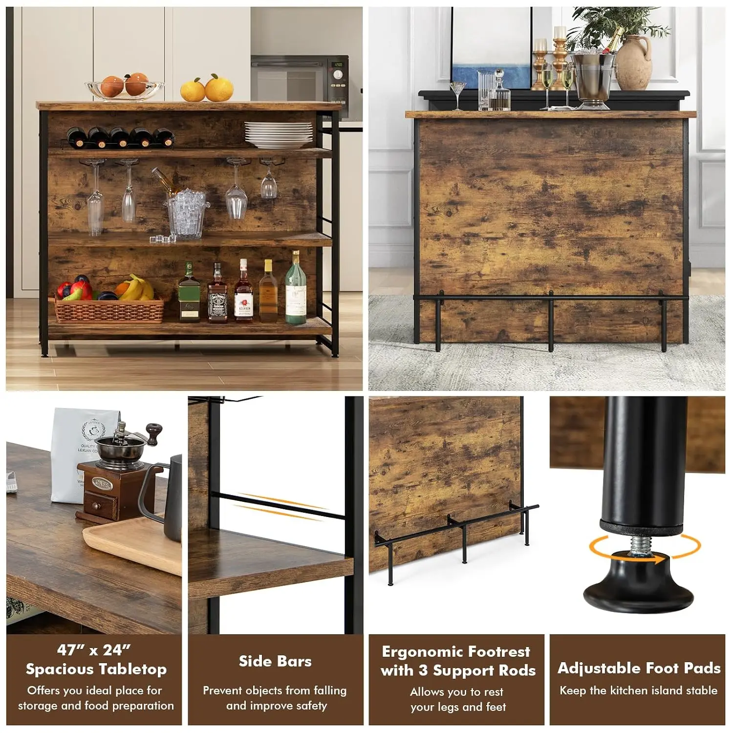 Industrial Bar Unit Kitchen Island w/ 4-Tier Storage Wine Rack Glass Holders Liquor Table w/ Footrest for Home Pub, Customized