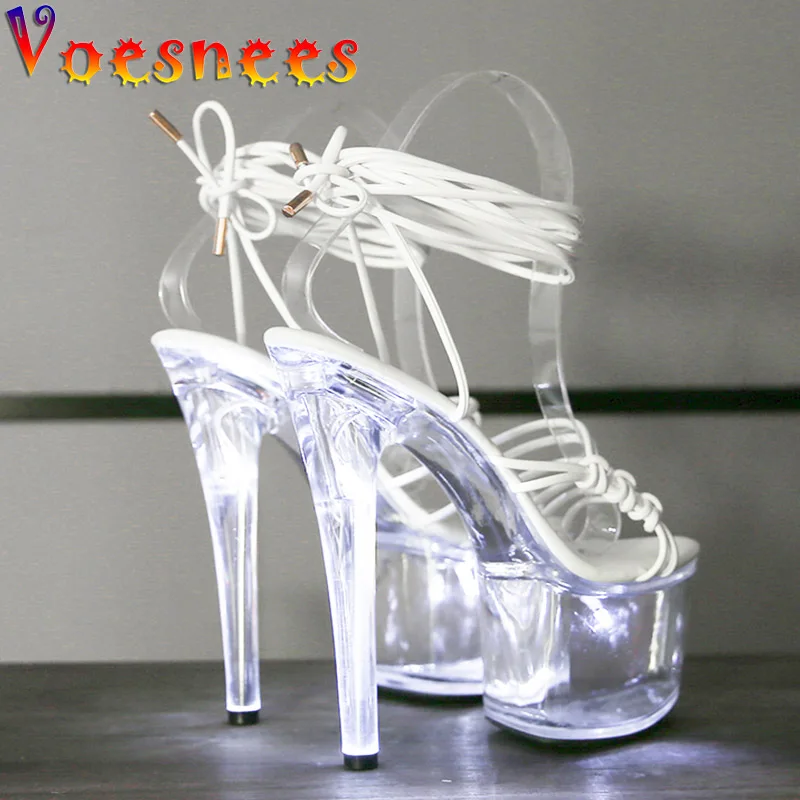 Party Women's Pumps Ankle Strap Thick Sole Sandals Nightclub Pole Dance Shoes Transparent Platform Light Up Glowing High Heels