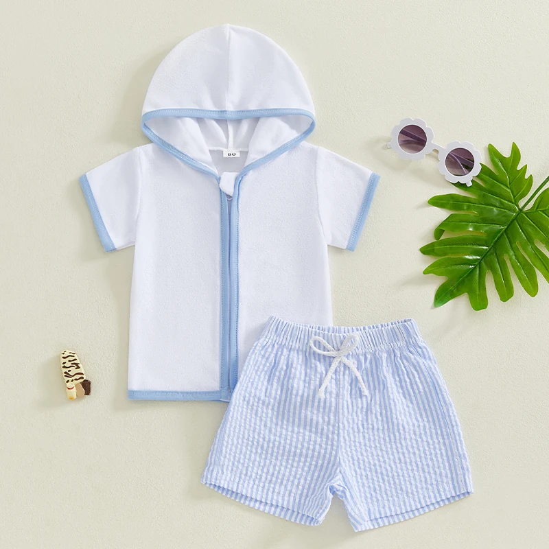 Kids Summer Beachwear Set Short Sleeve Hooded Cover Up Top with Matching Striped Shorts for Boys and Girls