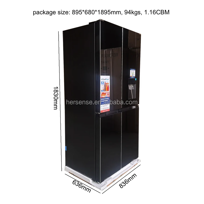 Black French Door Refrigerator 591L Cross Door Glass Water Dispenser LCD Touch Screen Inverter 5L Storage Tank For Home Kitchen