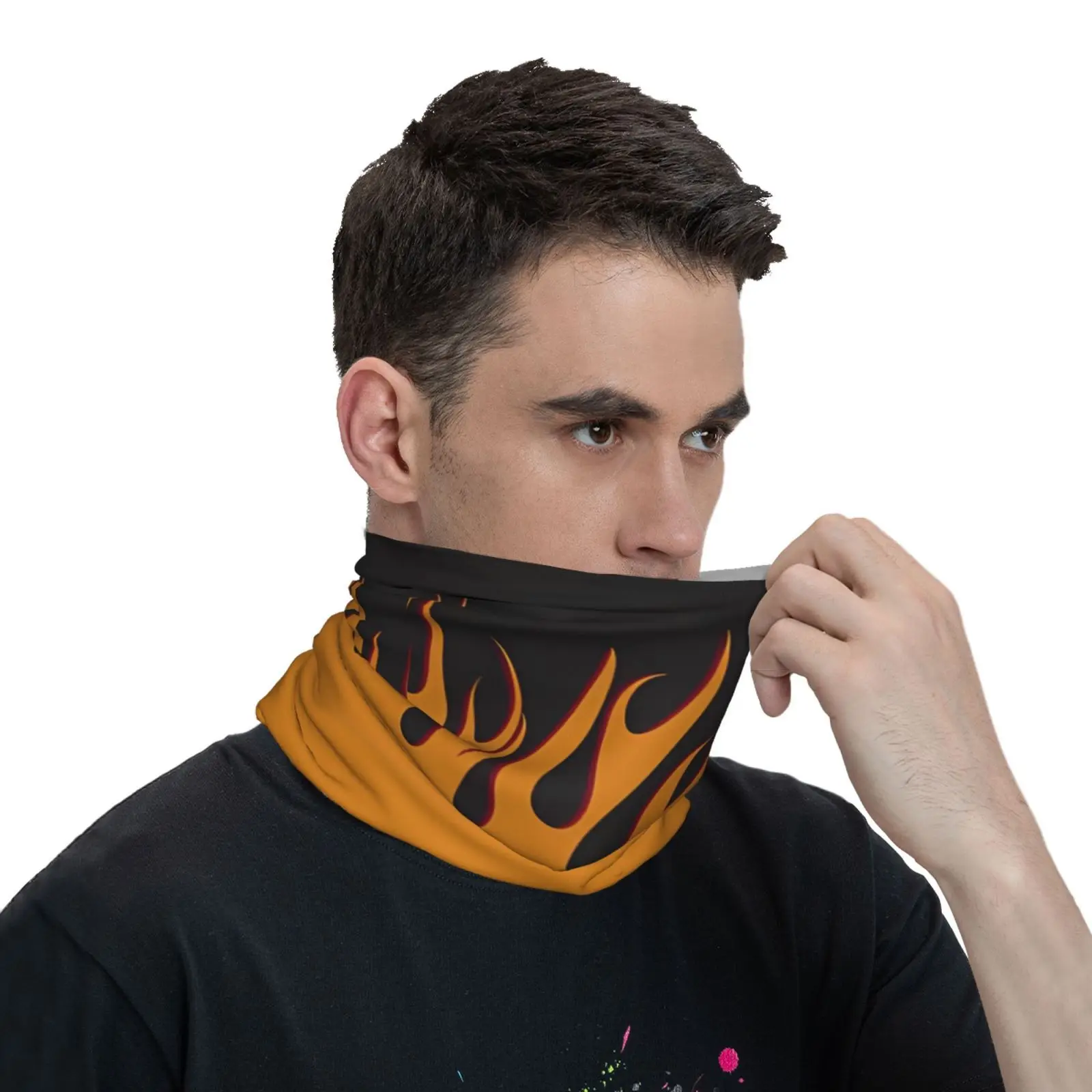 Customization Men's Retro Flame Print Neck Gaiter - Black & Orange Geometric Design, 95% Polyester 5% Spandex, Breathable