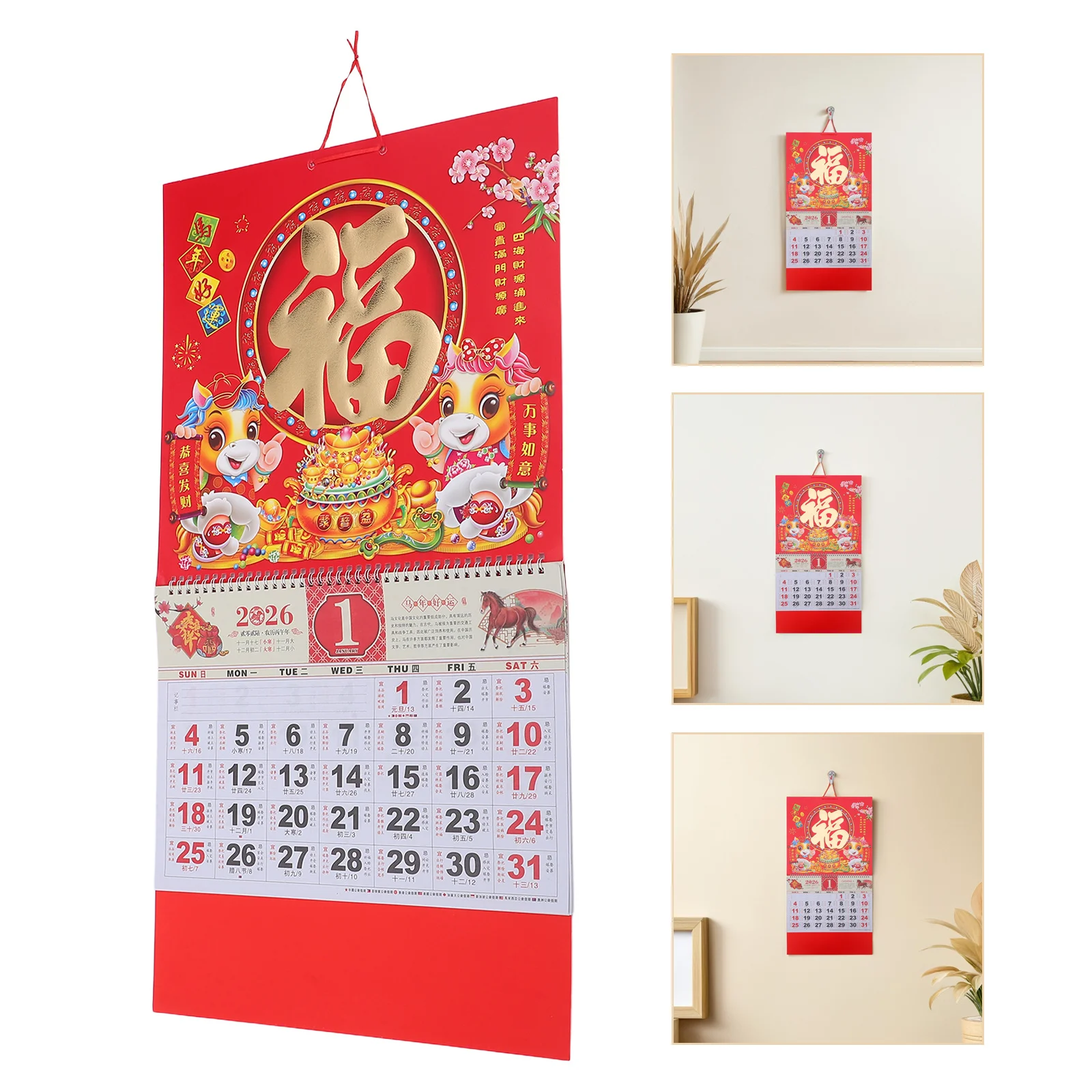 

2026 Lunar Calendar Year of Horse Chinese New Year Wall Hanging Decor Gold Foil Fu Character Monthly Planner for Office Home