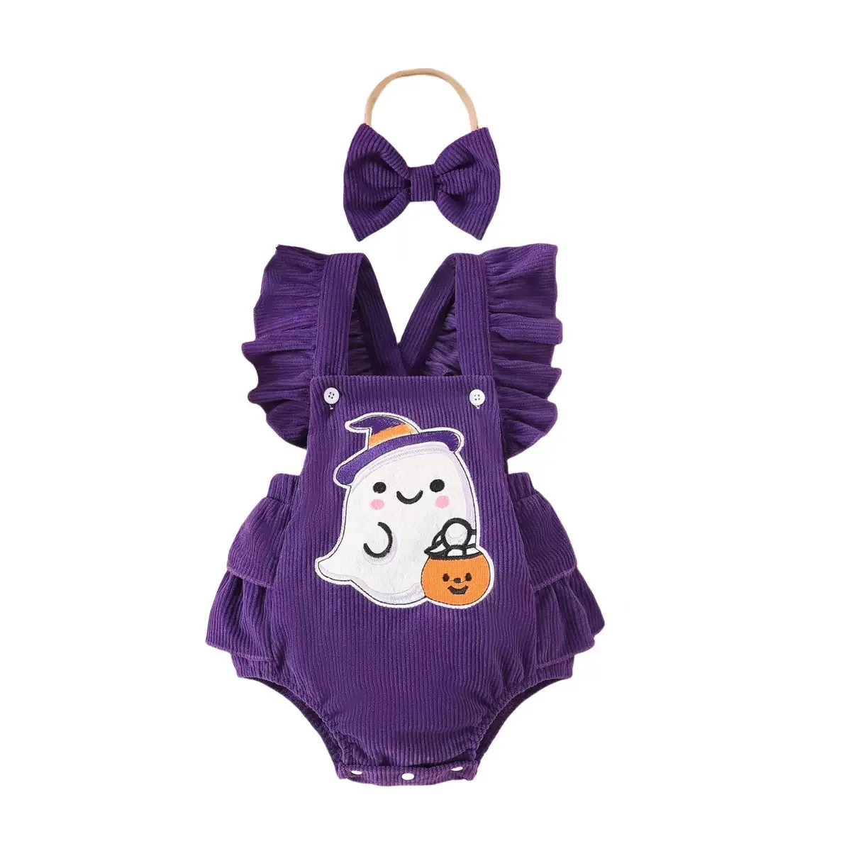 

Готов к отправке на Хэллоуин, скелет, призрак, вышивка, жемчужный рукав, милый комбинезон, повязка на голову с бантом, детский комбинезон