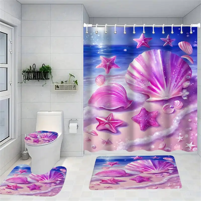 Bright Beach Colored Shell  Shower Curtain HeartBath Sets Waterproof Non-Slip Bathroom Rug Toilet U  With 12 Hooks Home Deco