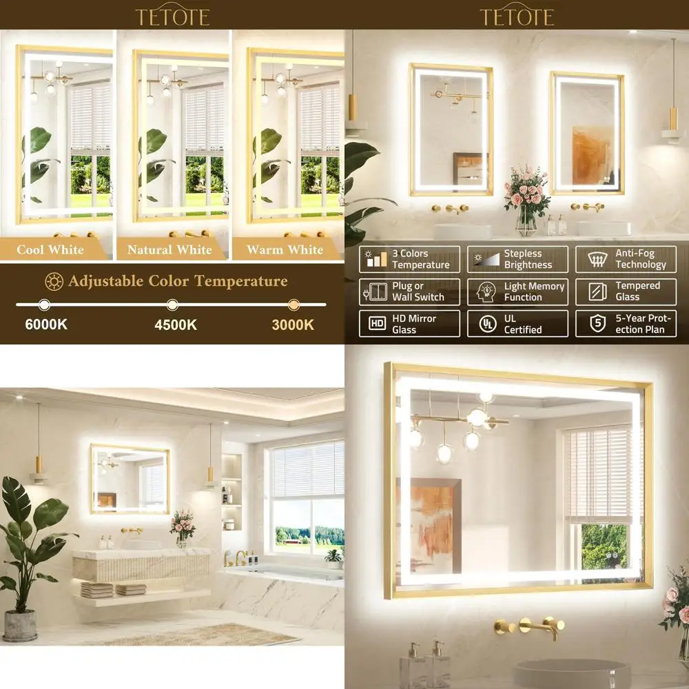 

40 x 30 Brushed Gold Framed LED Vanity Mirror with 3 Light Modes and Step Dimmable Feature for Bathroom