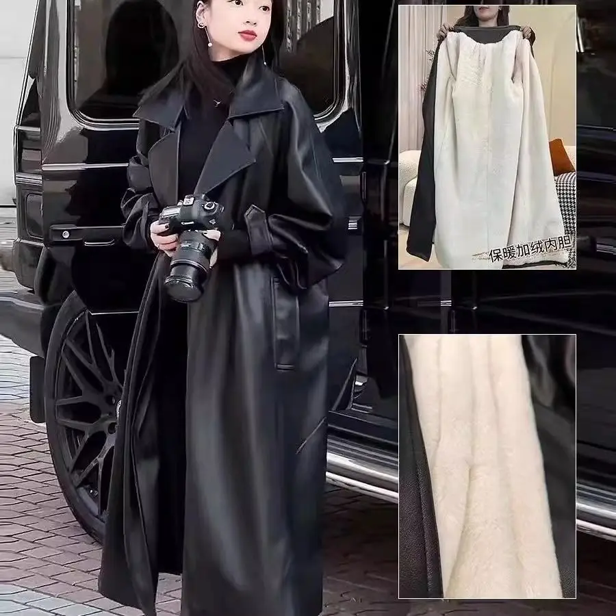Winter Wool-Lined Long Leather Coat Women's Warm Trench Coat Belt Windproof Snowwear PU Leather Windbreaker Black Trendy