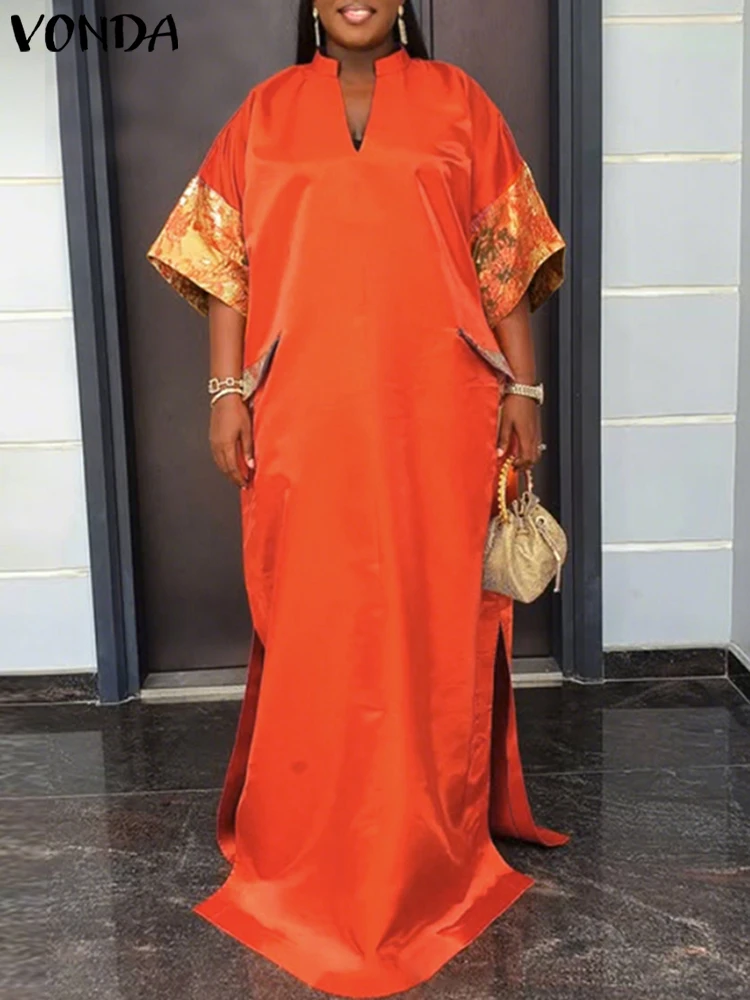 VONDA Sukienka Maxi w stylu bohemy Damska Letnia Sukienka na Ramiączkach Satynowa Jedwabna Krótki Rękaw Imprezowa Vestidos 2025 Vintage Dekolt w Serek Jednolity Kolor Szata