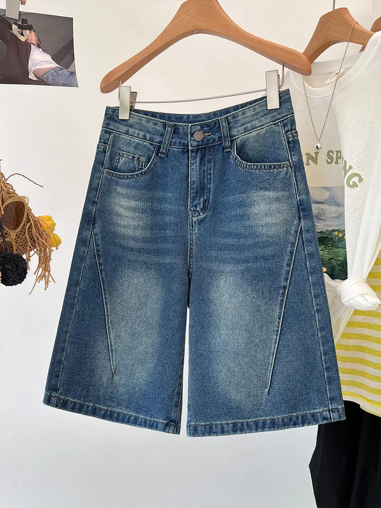 

Джинсы женские с высокой талией, широкими штанинами, длиной до колена, свободного кроя, летние, винтажные, джинсовые, А-силуэт, стройнящие