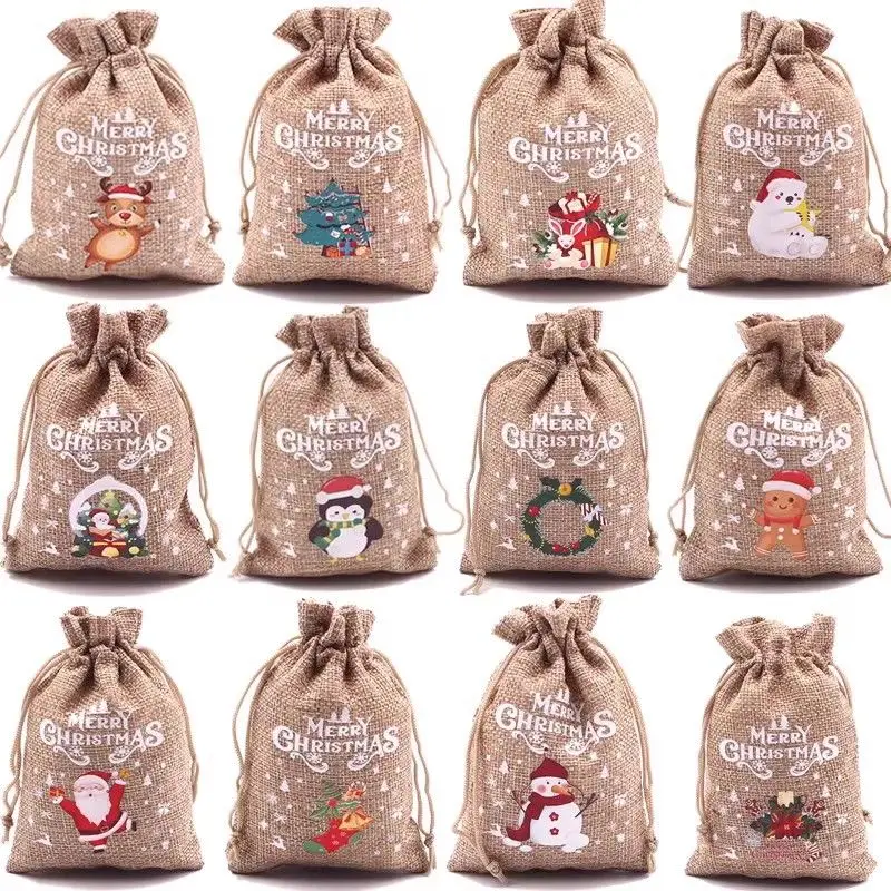 Christmas Drawstring Bag for Xmas Party Linen Cartoon Santa Claus Snowman Candy Gifts Cases Packaging Storage Pouches Boxes