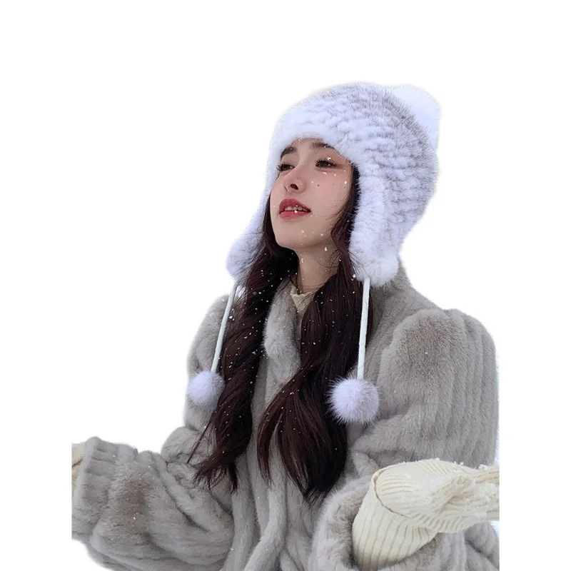 Mink hair woven thermal ear protection hat real fur fur hat winter cute Lei Feng hat fox hairball hats