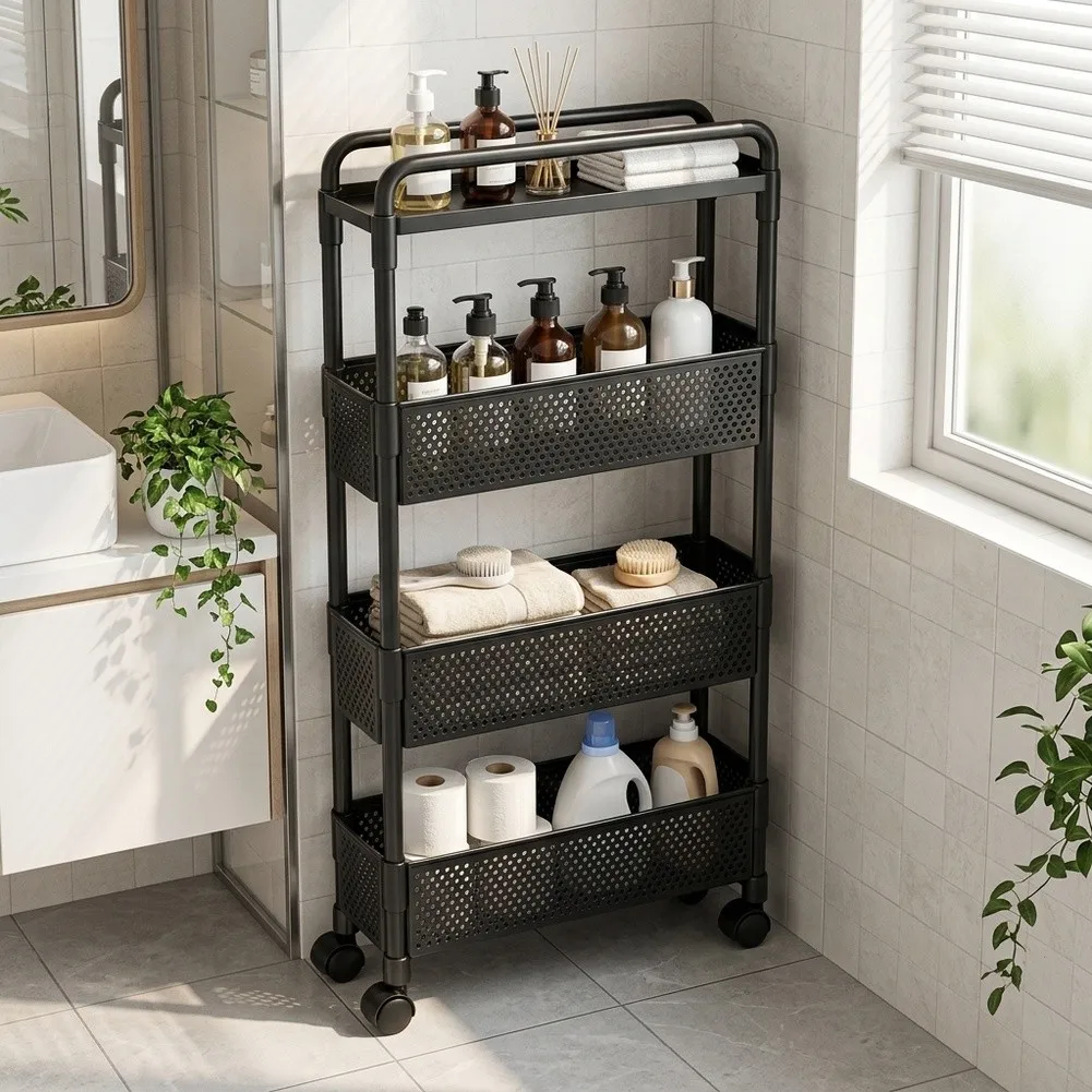 4-Tier Rolling Cart with Mesh Shelves and Swivel Casters Designed for Bathroom Kitchen and Office Environments