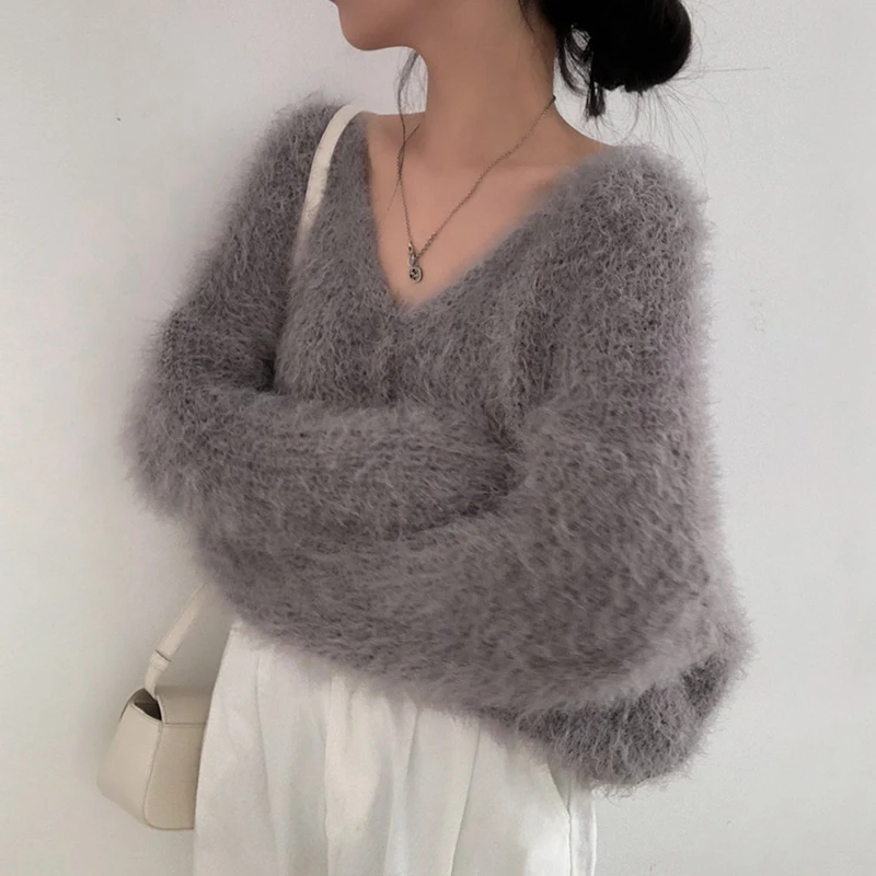 Clothland Women Elegant Mohair Cardigan V Neck Long Sleeve Fur Jacket Stretchy Basic Outwear Coat Mujer HA481