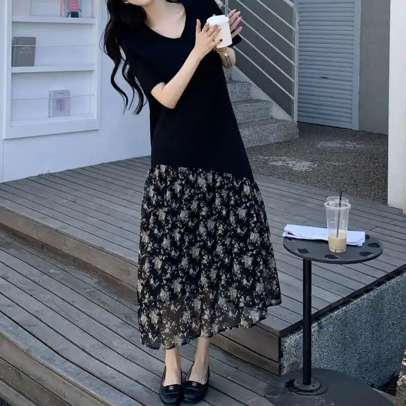 Summer Tide New V-neck Splicing Print Floral Black Women Dresses Temperament Chic Beautiful Short Sleeve Dress