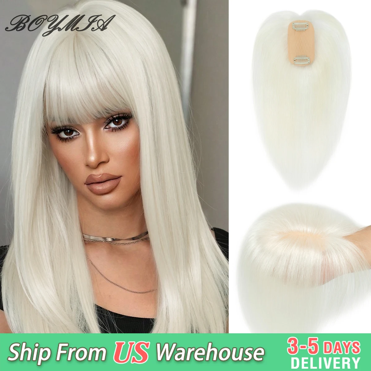 BOYMIA Real Human Hair Topper with Bangs Hand-Tied Thin 5 * 9cm Base Light Weight Clip in Remy Hairpieces For Repeated Use