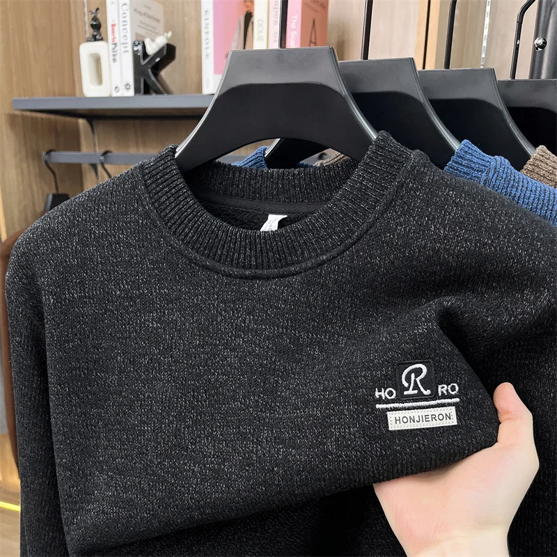 High Quality Velvet Sweater Winter New Korean Casual Thicken Warm Men's Round Neck Designer Letter Embroidery Knitted Pullover