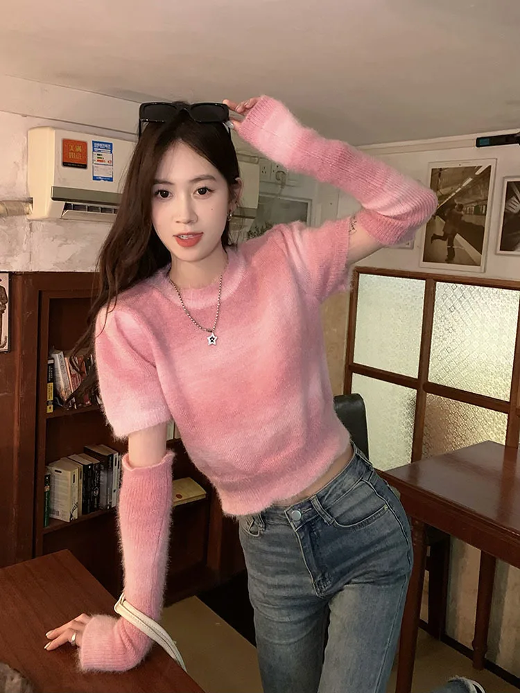 Suéter de punto de manga corta para mujer, Jersey suave y cálido de Color degradado de Cachemira de visón de estilo coreano, otoño 2022