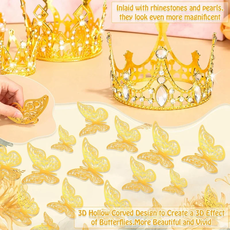 Gold Crowns for Flower Bouquet Accessories, 4 Pcs Cake Crown Topper, 12 Pcs Butterfly Decorations and 50 Pcs Flower Pins-ABHG
