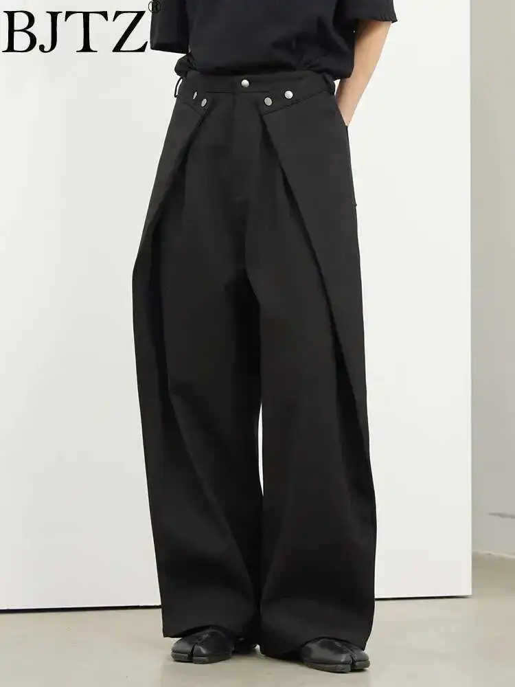 

BJTZ черные плиссированные длинные широкие брюки с высокой талией и пуговицами, новые свободные брюки, женские модные брюки, весна-осень 2025