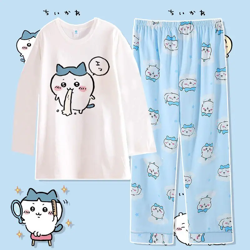 Anime Usag Hachiware Pajamas Kawaii Chiikawa Summer Cotton Round Neck Long-Sleeved Pant Cute Cartoon Home Clothes Casual Comfort