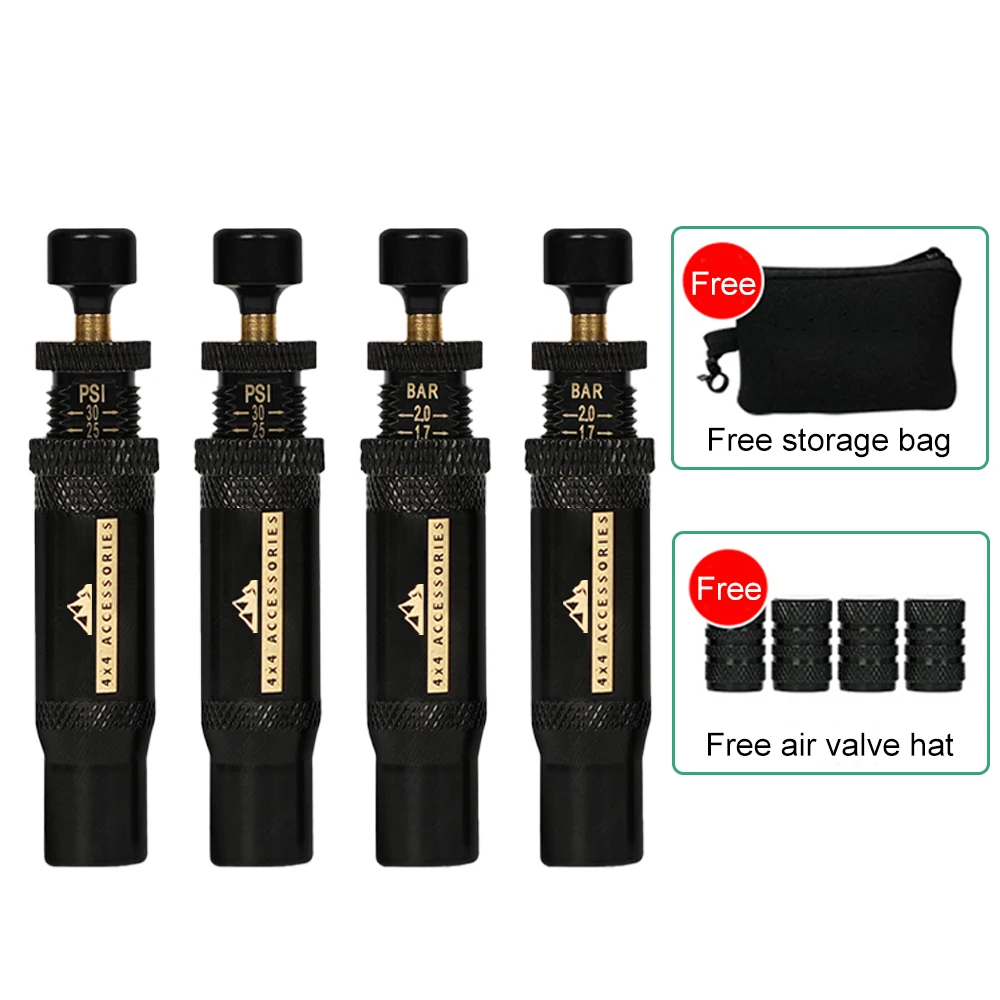 4pcs Automatic Tire Deflators Set Of 4, Adjustable Pressure Suitable For Offroad Vehicles Motorcycle Use Includes Valves Caps