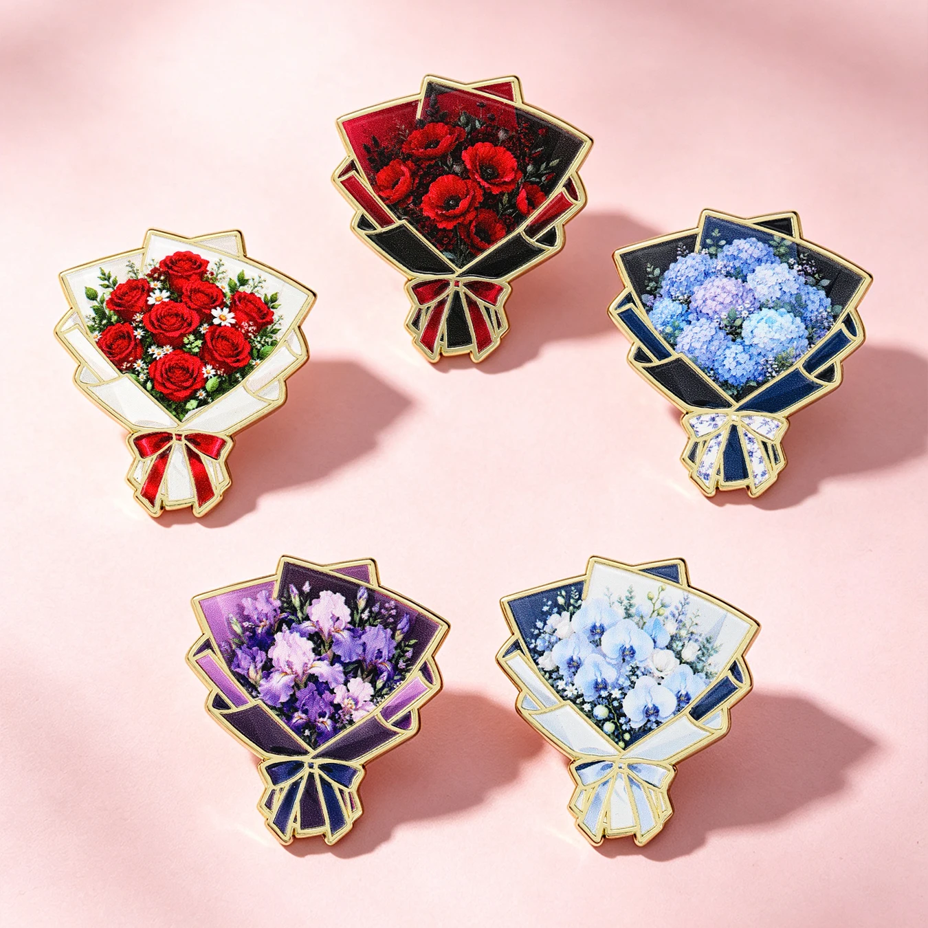 5Pcs Flower Bouquet Enamel Pins, Colorful Wrapped Floral Brooch, Romantic Decor Badge for Backpack & Clothes