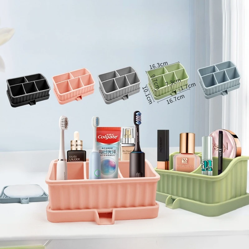 Silicone Toothbrush and Toothpaste Storage Box Bathroom Shelf Multifunctional Vanity Set with Anti-slip Beauty Product Organizer