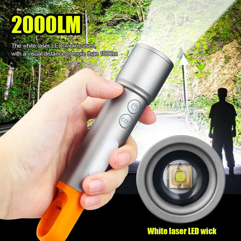 

E2 Camping Fishing Light 4 Colors LED Flashlight edc White/Green/Red/Blue Cob Torch USB Rechargeable With Tail Hook+4 Lampshades