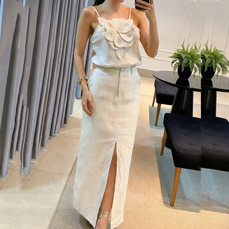 Spring Fashion Solid Cotton Linen Suit Women Sexy Front Flower Sling Top And Split Long Skirts Outfit Summer Backless Hollow Set