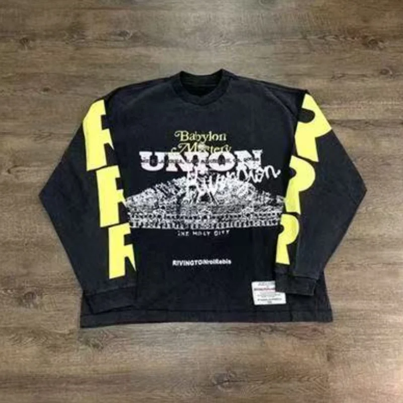 

Черная потертая футболка большого размера с длинными рукавами в стиле ретро RRR123, хлопковая футболка премиум-качества для мужчин и женщин